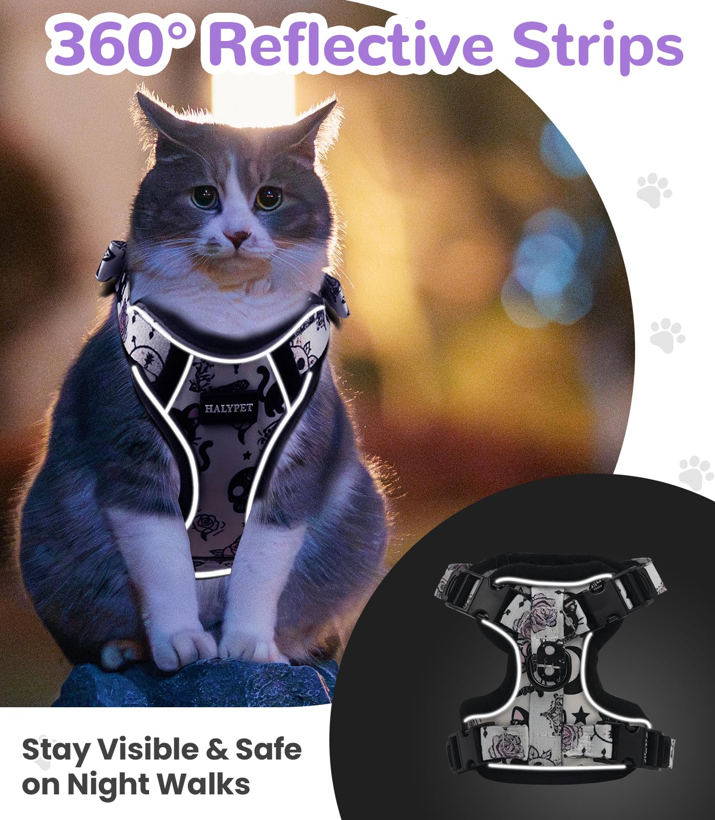 Reinforced D-ring and swivel clip on the Halypet cat harness and leash set.
