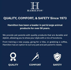 Hamilton nylon dog harness showing its box-stitched webbing ends.
