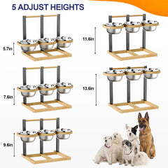 handrong Bamboo Raised Dog Bowl showing the adjustable stand at a feeding height.