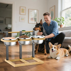 handrong Bamboo Raised Dog Bowl shown set up for a pet's raised feeding routine.