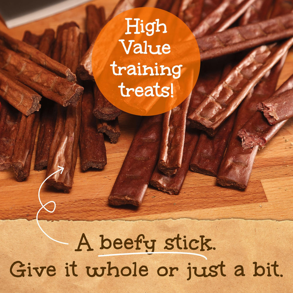 Happy Howie's Woof Stix beef dog treat shown as a slow-cooked snack.