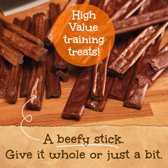 Happy Howie's Woof Stix beef dog treat shown as a slow-cooked snack.