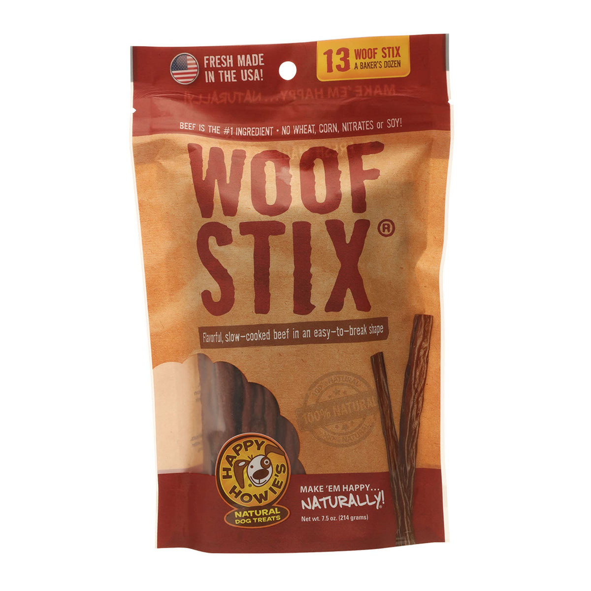 Happy Howie's Woof Stix dog treats shown in a front-facing product view.