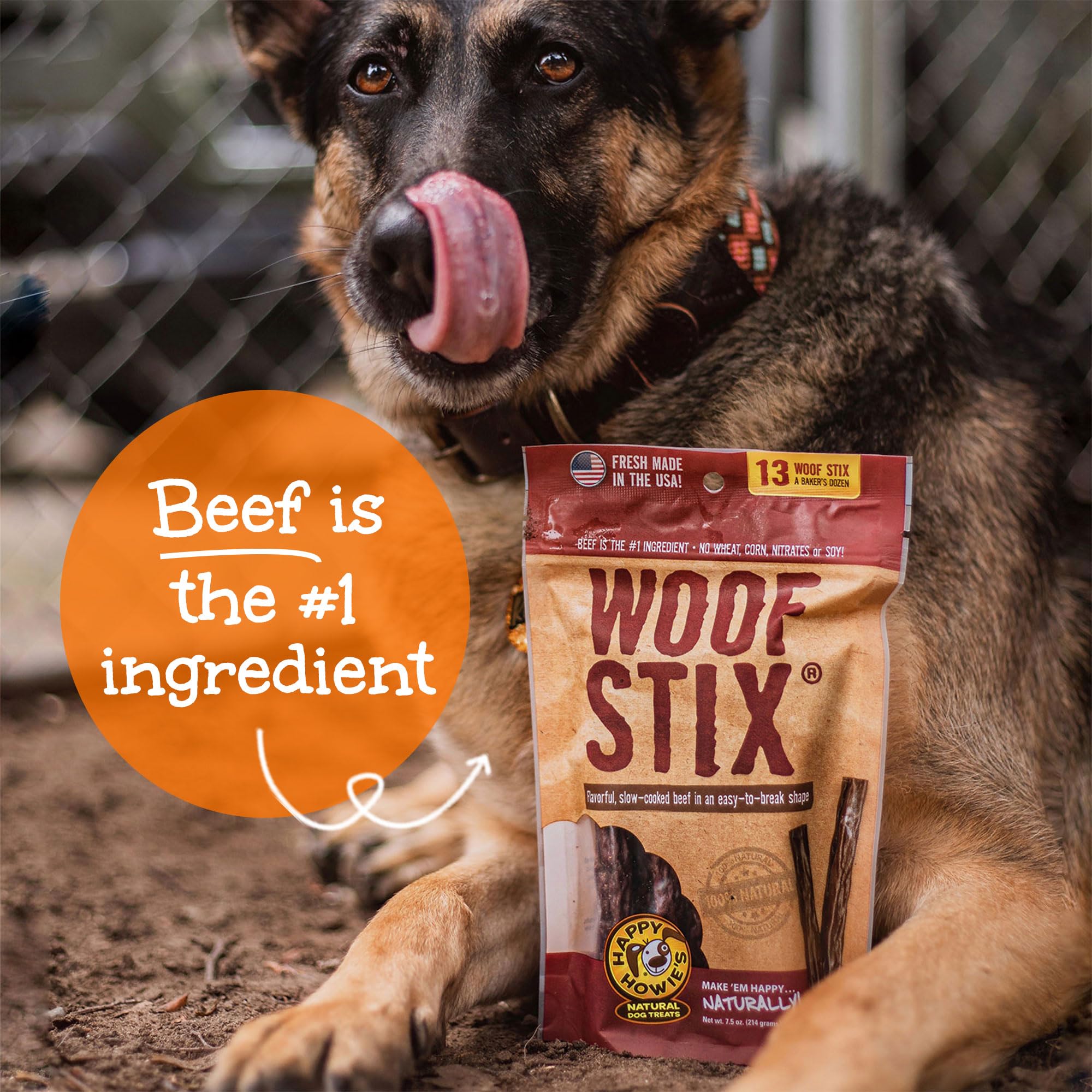 Happy Howie's Woof Stix offered to a dog as a treat reward.