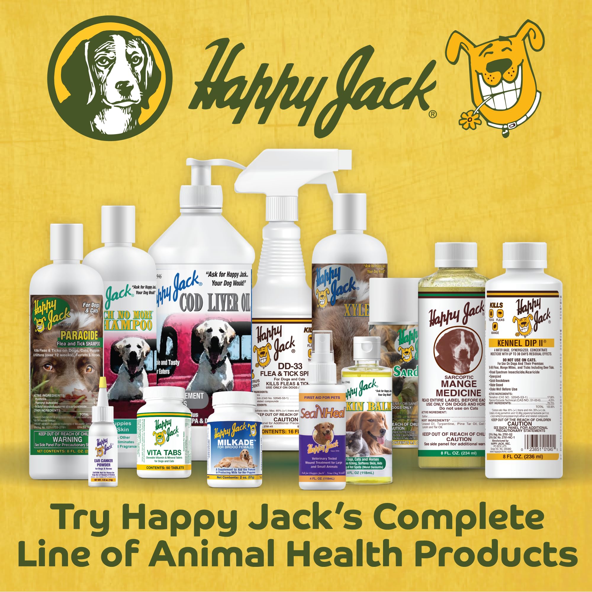 HAPPY JACK Ear Canker Powder shown in a kennel-care setting.