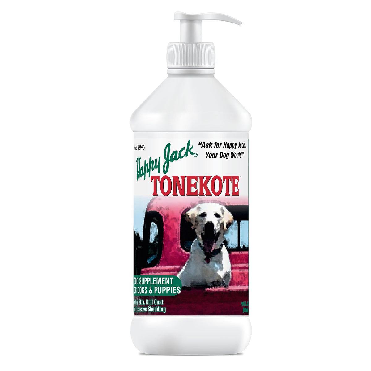 HAPPY JACK Tonekote dog supplement shown from the front of its bottle.