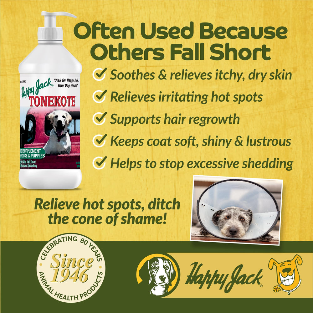 HAPPY JACK Tonekote dog supplement label shown in close detail.