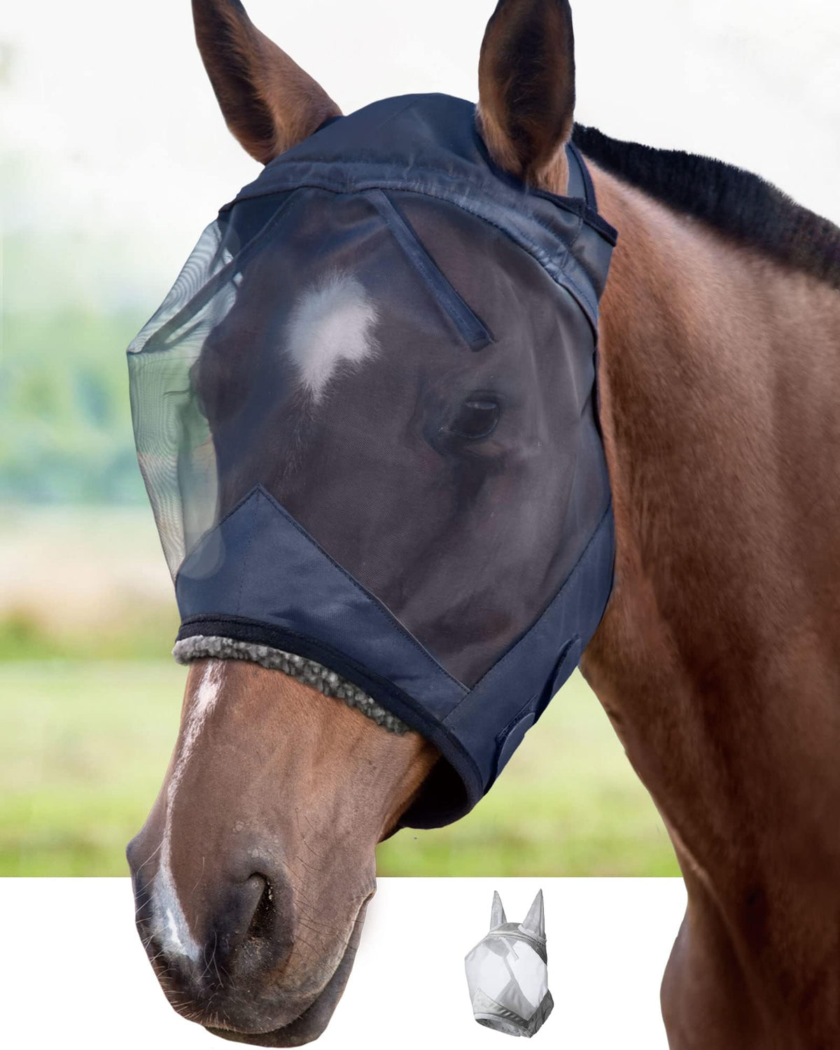 Harrison Howard CareMaster horse fly mask shown from the front with its no-nose, no-ears design.