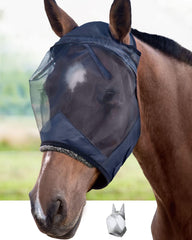 Harrison Howard CareMaster horse fly mask shown from the front with its no-nose, no-ears design.