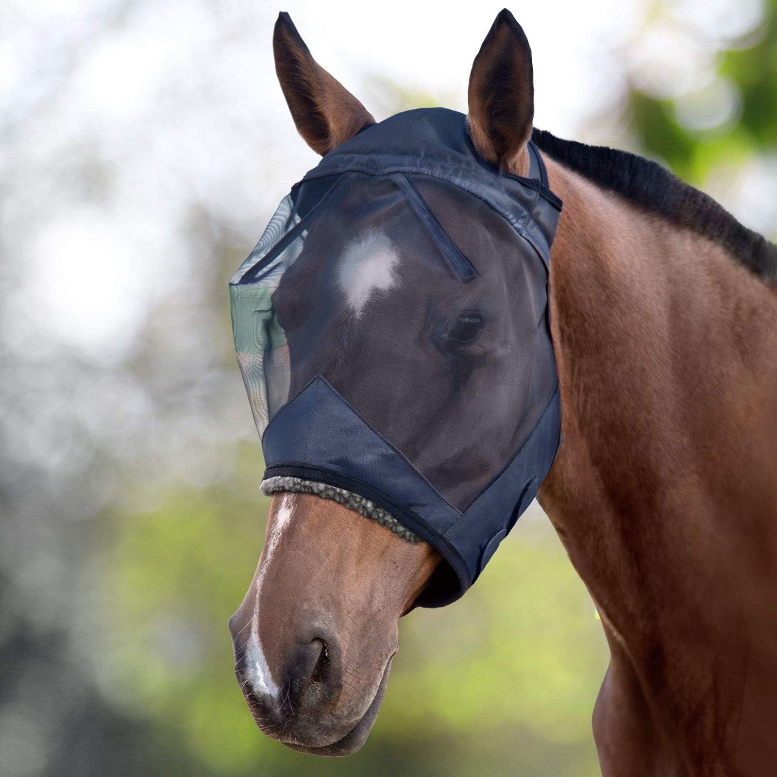 Harrison Howard CareMaster horse fly mask close-up showing translucent mesh and fleece along the seams.