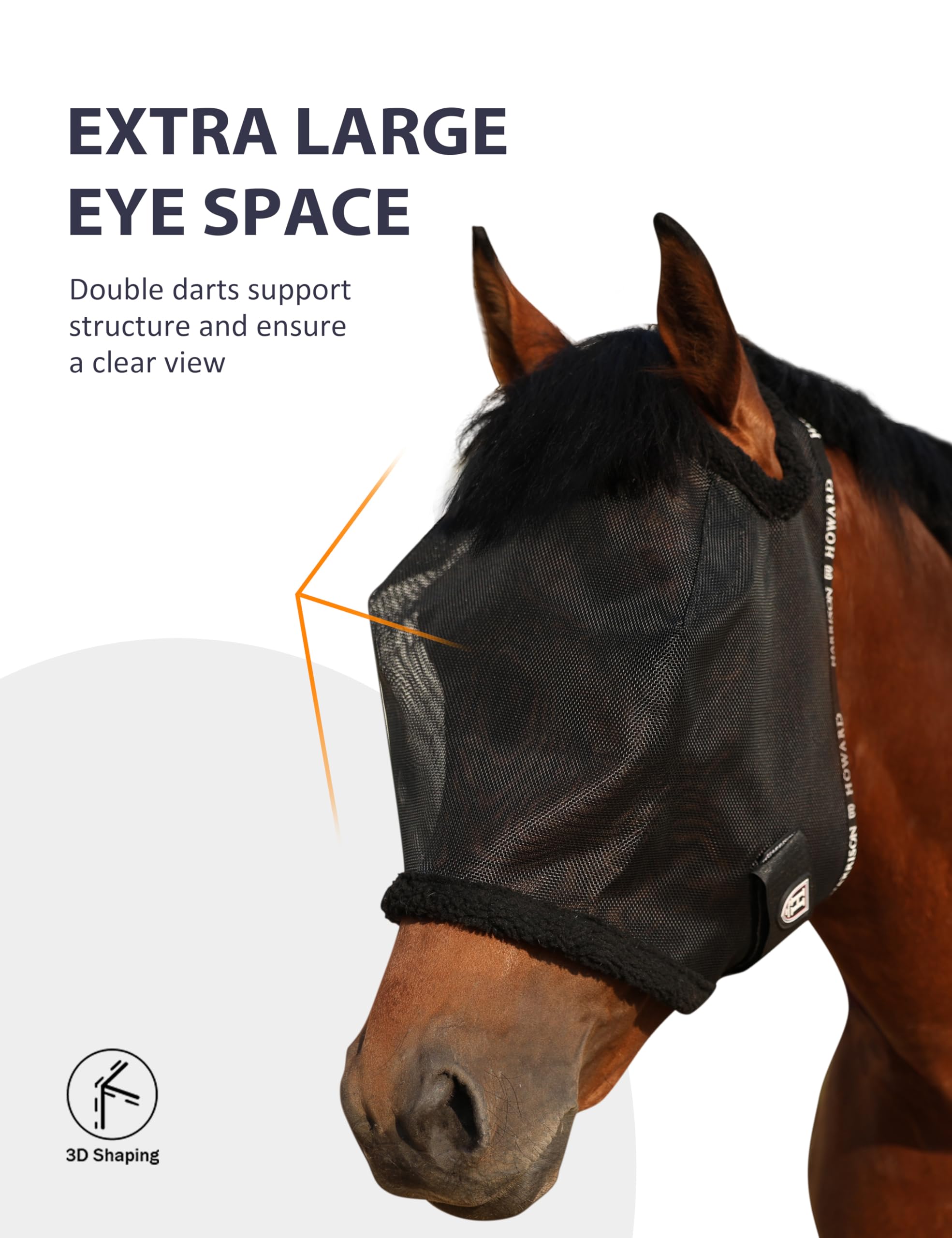 Harrison Howard mesh horse fly mask showing the fleece-padded edging.