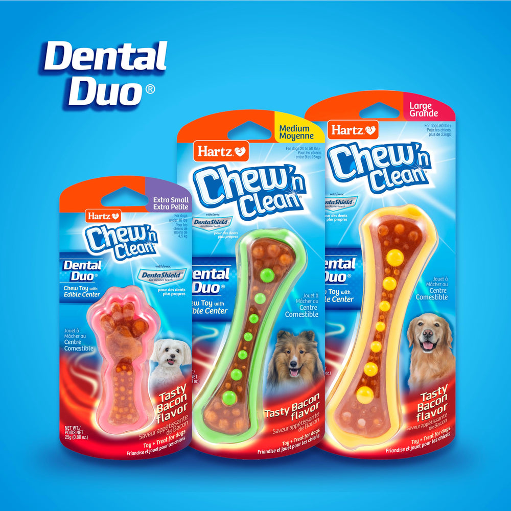 The six extra-small Hartz Chew 'n Clean Dental Duo chews shown together.