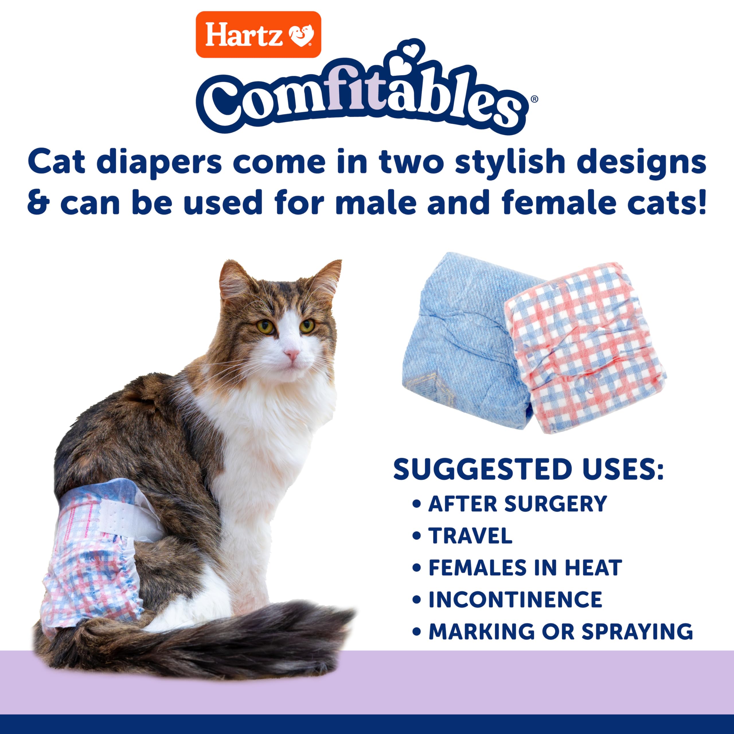 Hartz Comfitables Cat Diaper shown being worn by a cat.