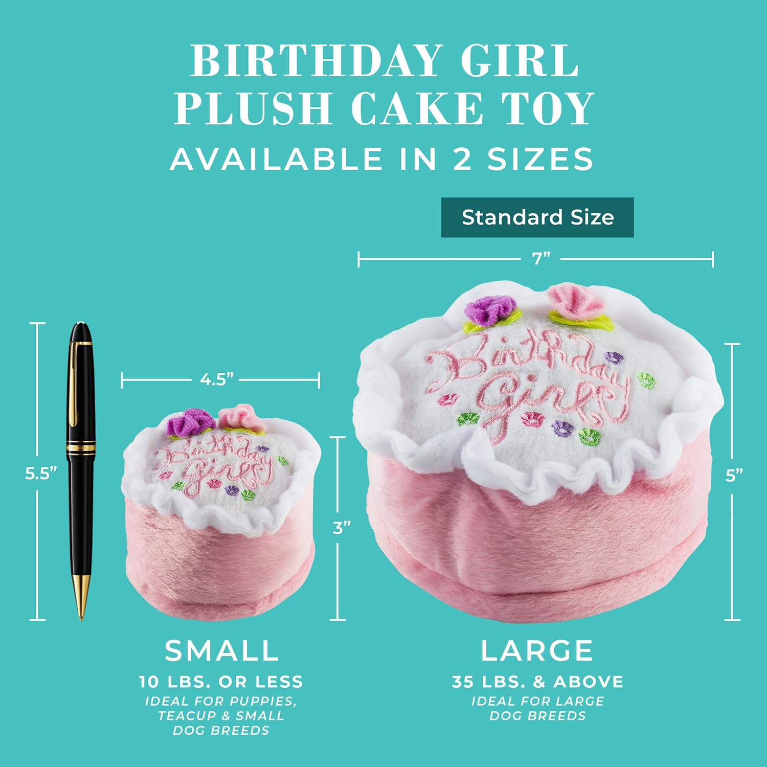 Haute Diggity Dog Birthday Girl Cake plush dog toy with embroidered birthday lettering in close-up.