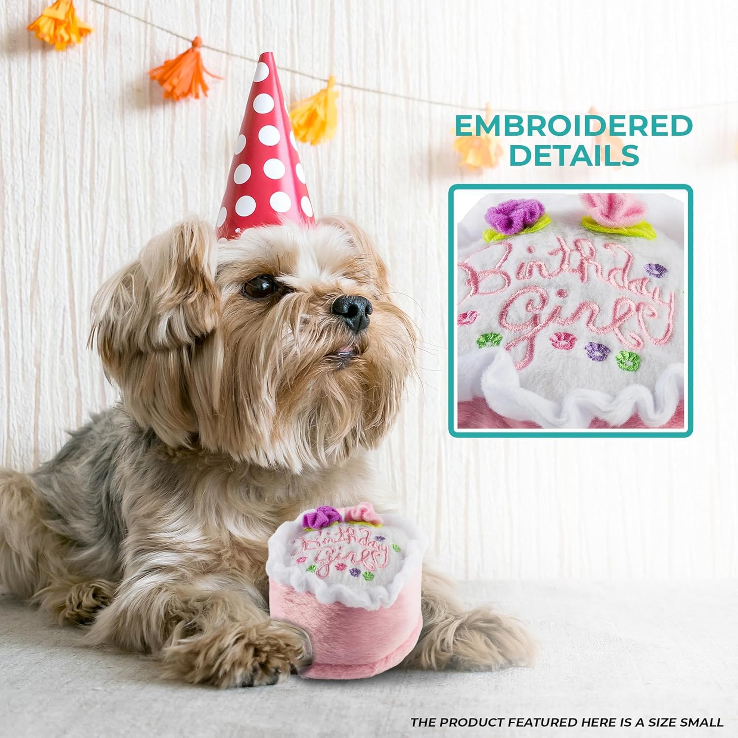 Haute Diggity Dog Birthday Girl Cake plush dog toy shown from the side.