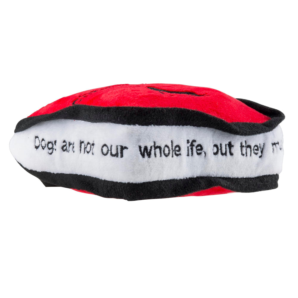 Haute Diggity Dog Chewlulemon Tote plush dog toy with its embroidered details in close view.