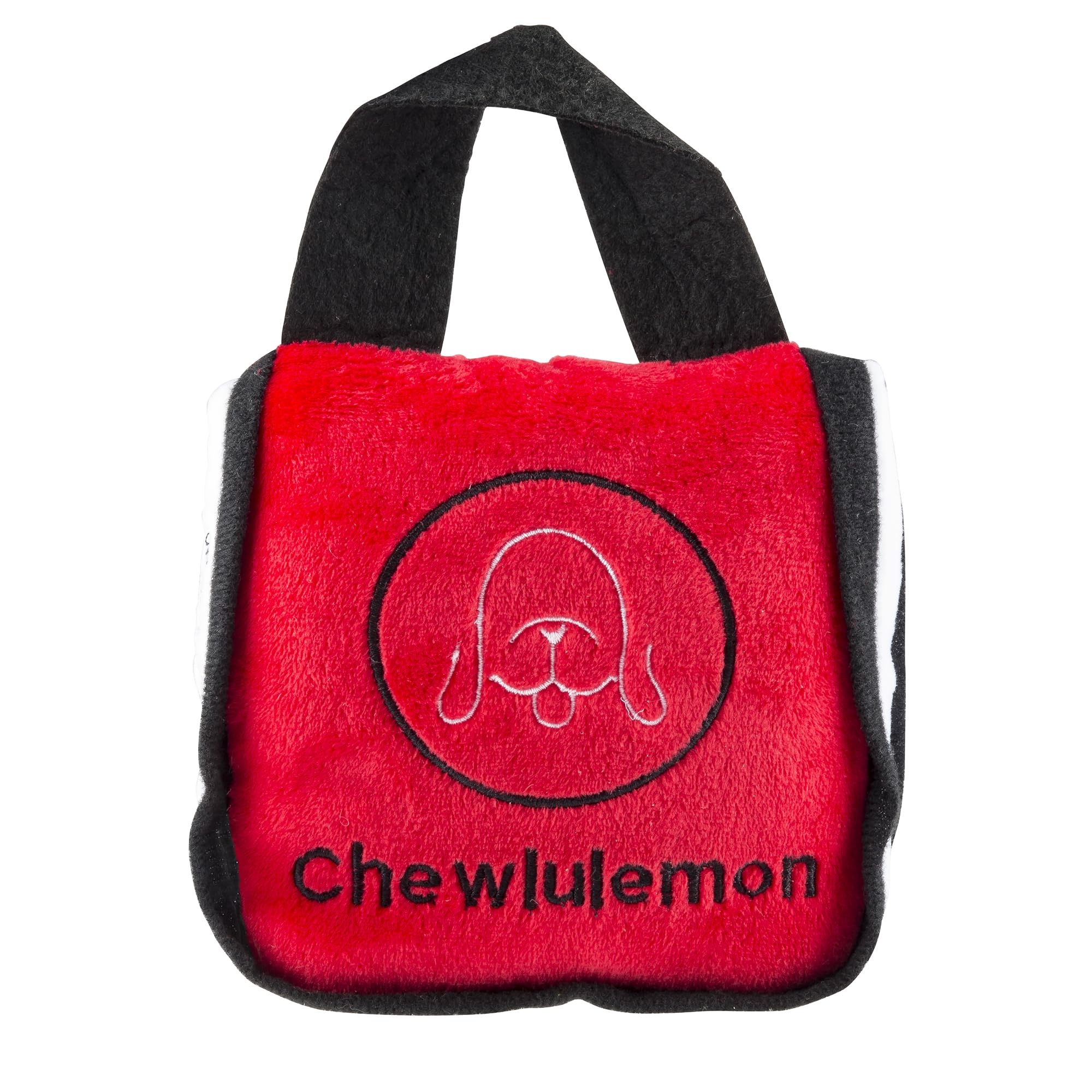 Haute Diggity Dog Chewlulemon Tote plush dog toy shown from the front with its red tote-inspired design.