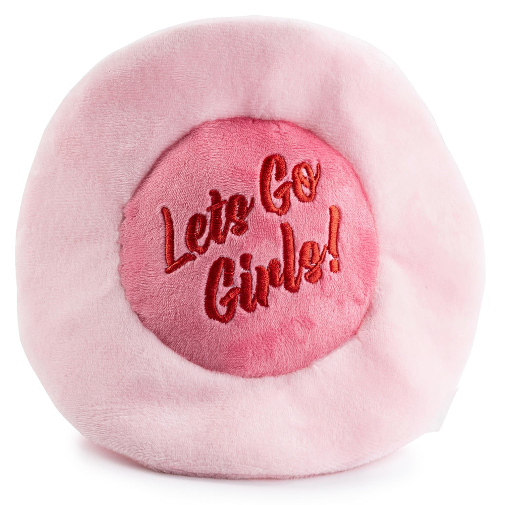 Haute Diggity Dog Cowgirl Hat Plush Dog Toy with its embroidered “Lets Go Girls!” message.