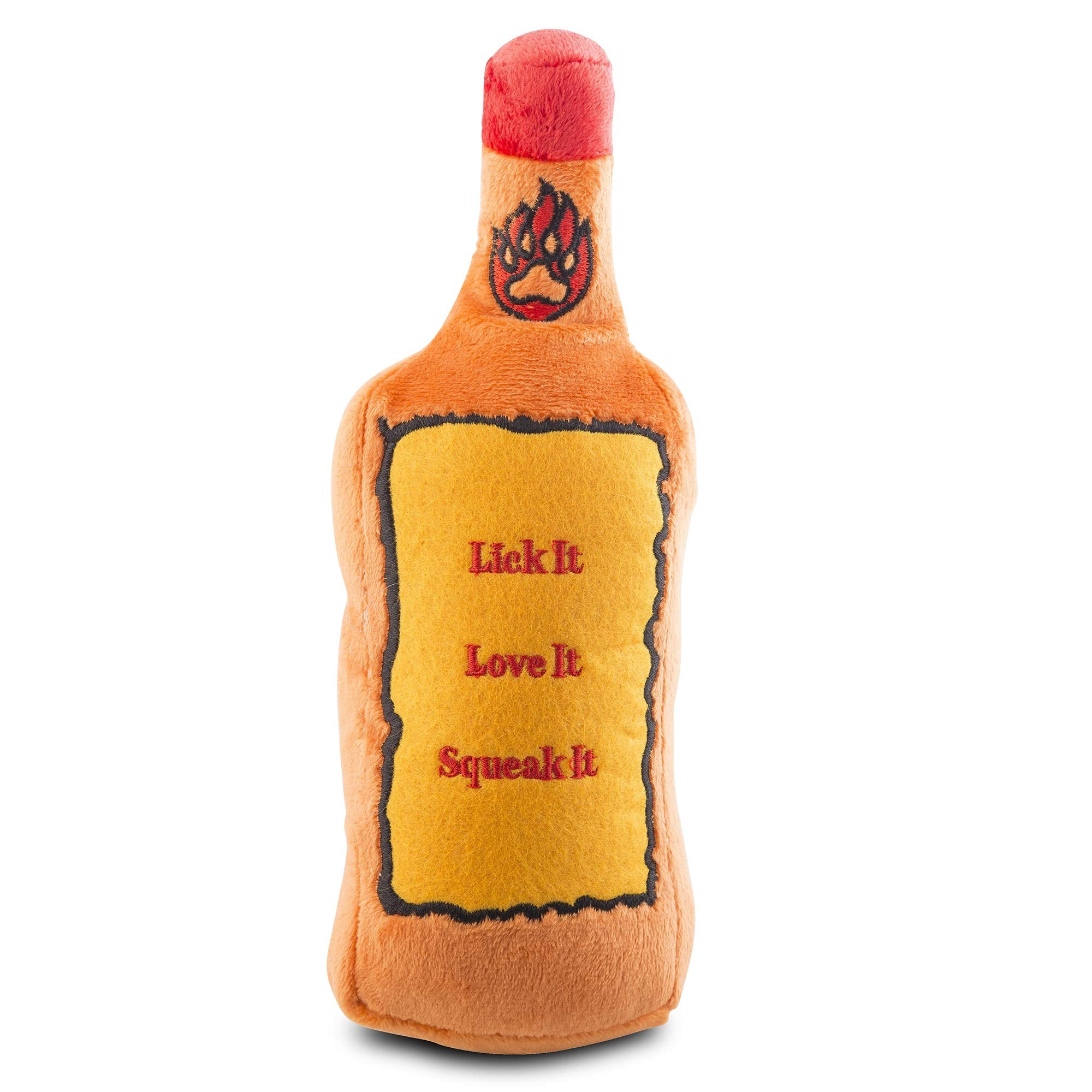 Haute Diggity Dog Furball Bottle Plush Dog Toy with its embroidered phrase in focus.