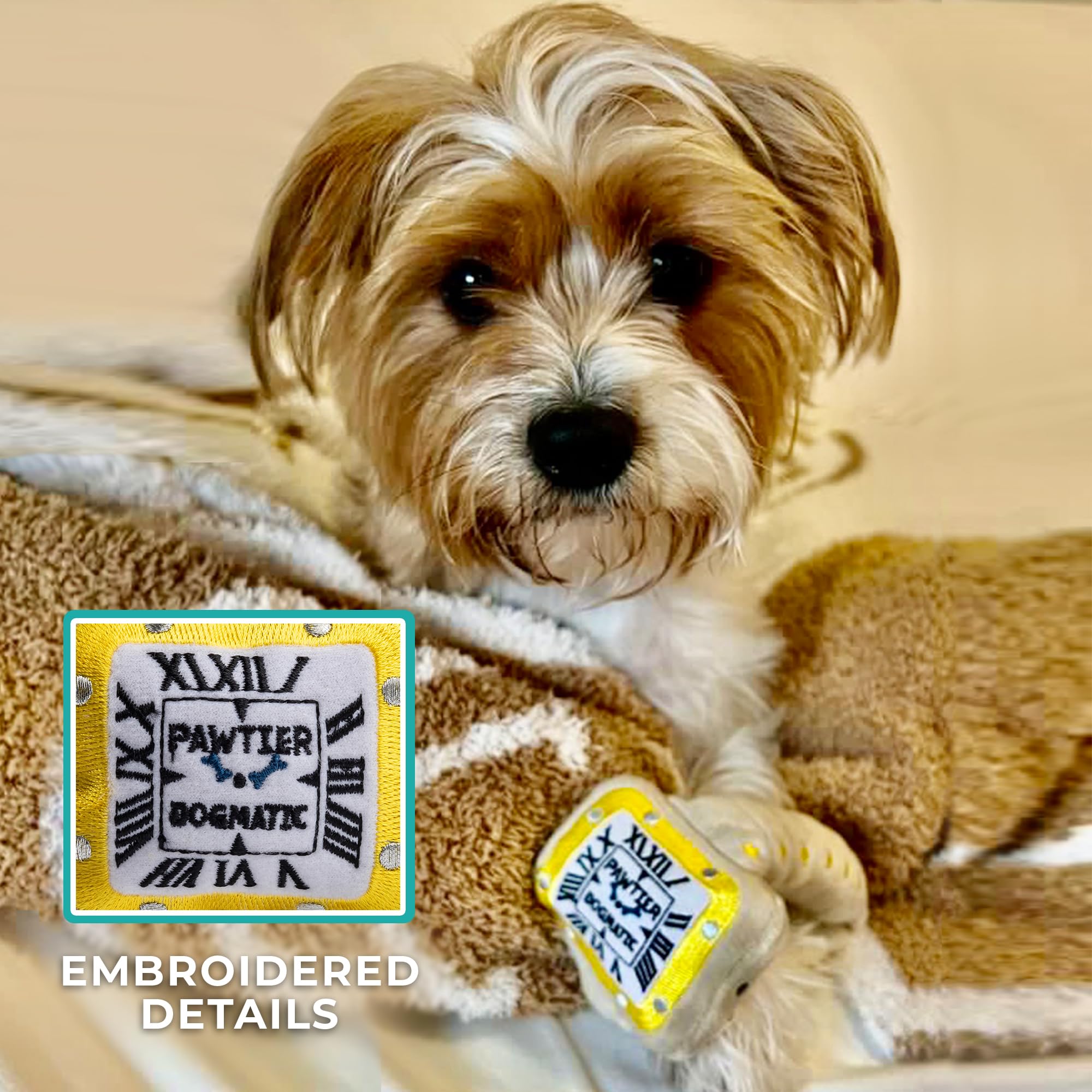 Haute Diggity Dog Pawtier Watch plush dog toy with embroidered design details.