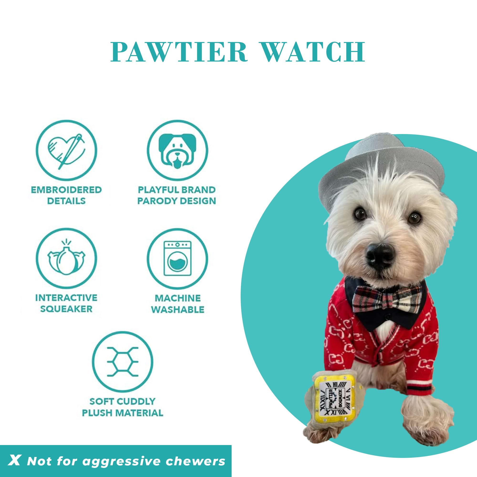 Haute Diggity Dog Pawtier Watch plush dog toy showing its soft plush exterior.