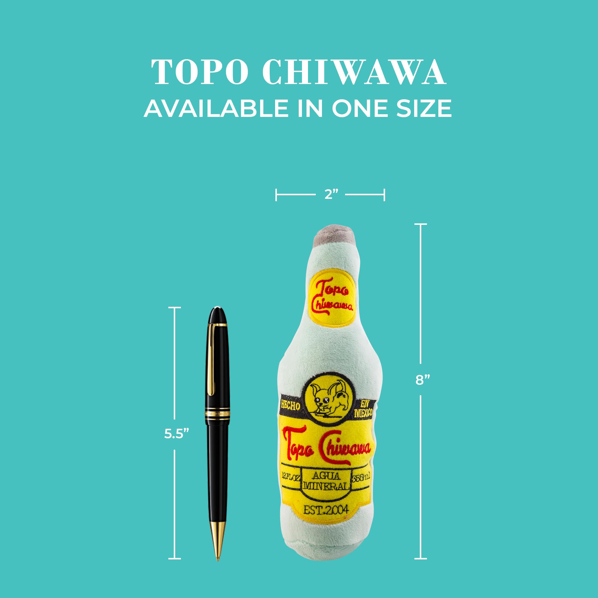 Haute Diggity Dog Topo Chiwawa plush dog toy shown with its one-size dimensions.