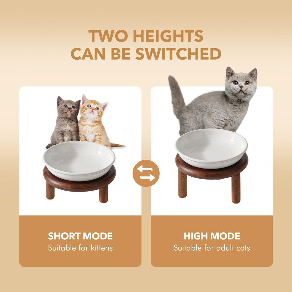 Havniva cat bowl and wood stand shown together as an assembled feeding setup.