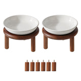 Havniva ceramic cat bowl with its acacia wood stand shown from the front.