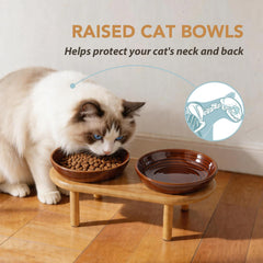 Havniva elevated cat bowls with a close view of the bamboo stand.