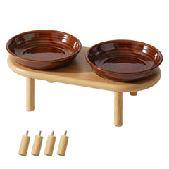 Havniva elevated cat bowls shown from the front with the ceramic dish and bamboo stand.