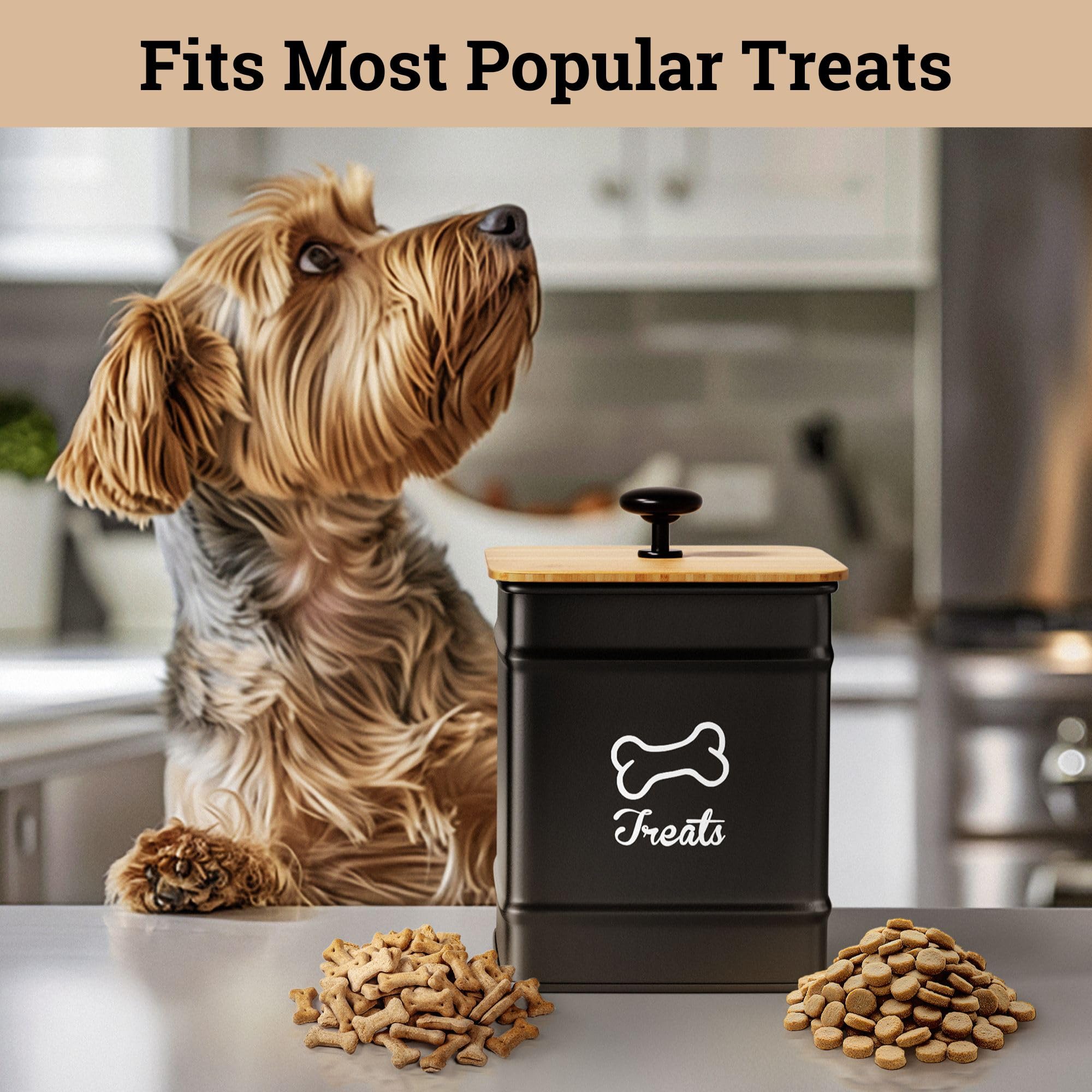 HB Design Co. Dog Treat Container close-up of its matte black lid handle.