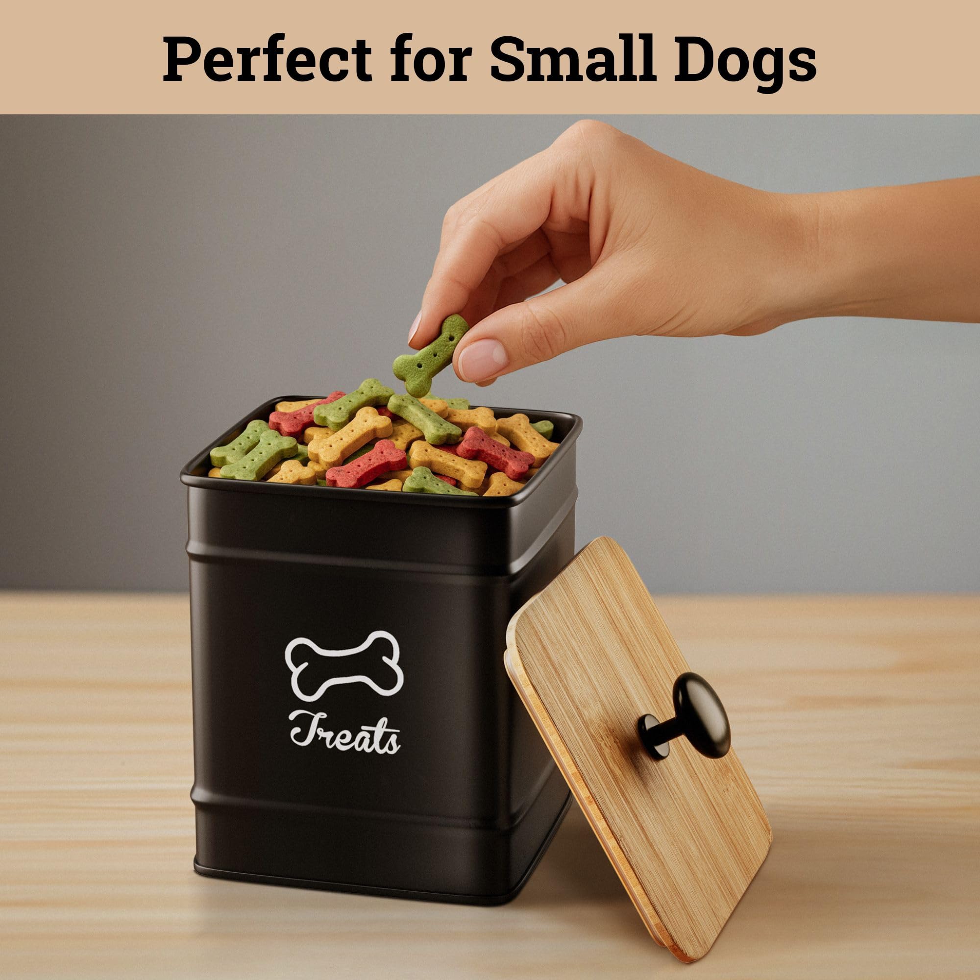 HB Design Co. Dog Treat Container with the lid lifted for access to treats.