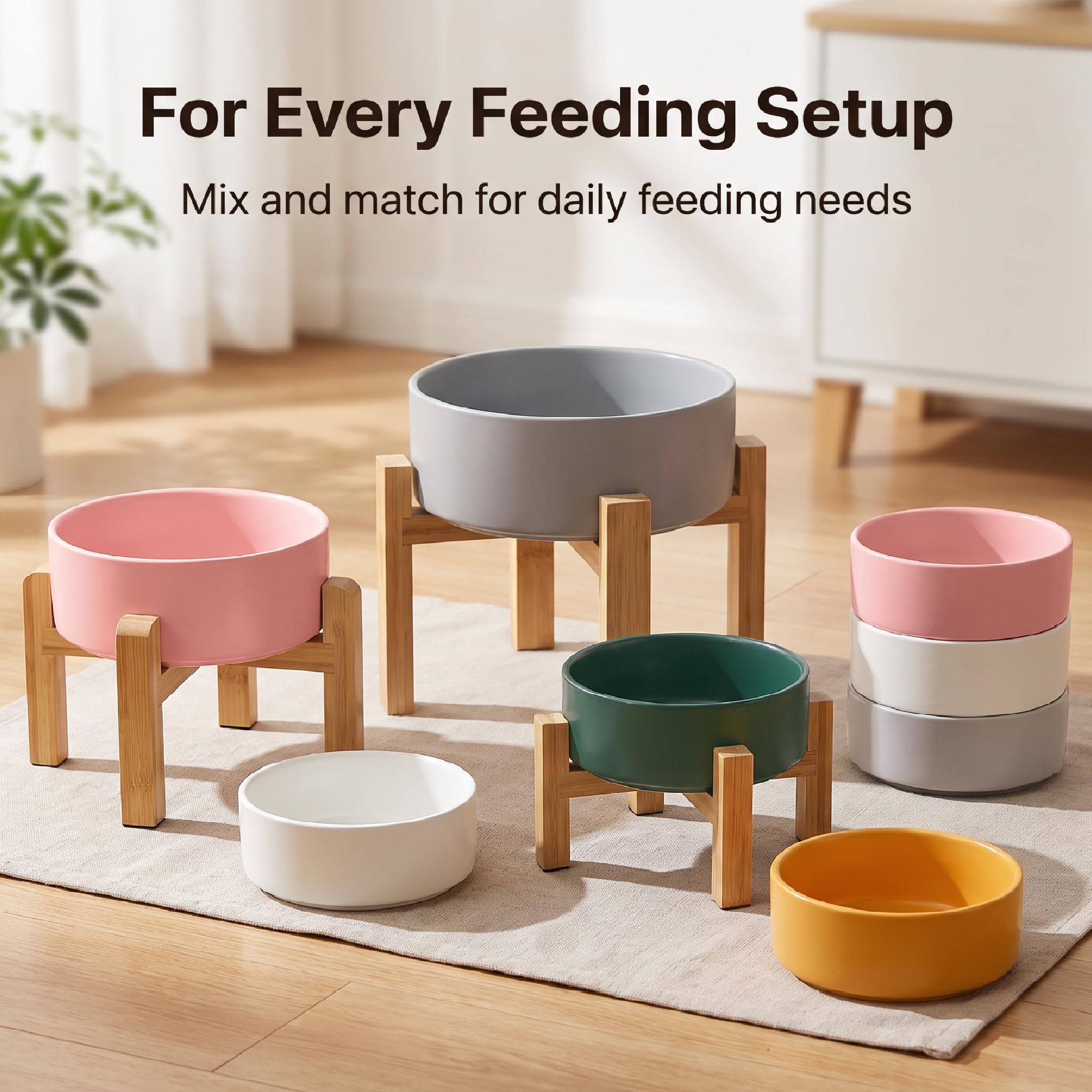 HCHLQLZ elevated cat bowl shown with its ceramic bowl and bamboo stand.