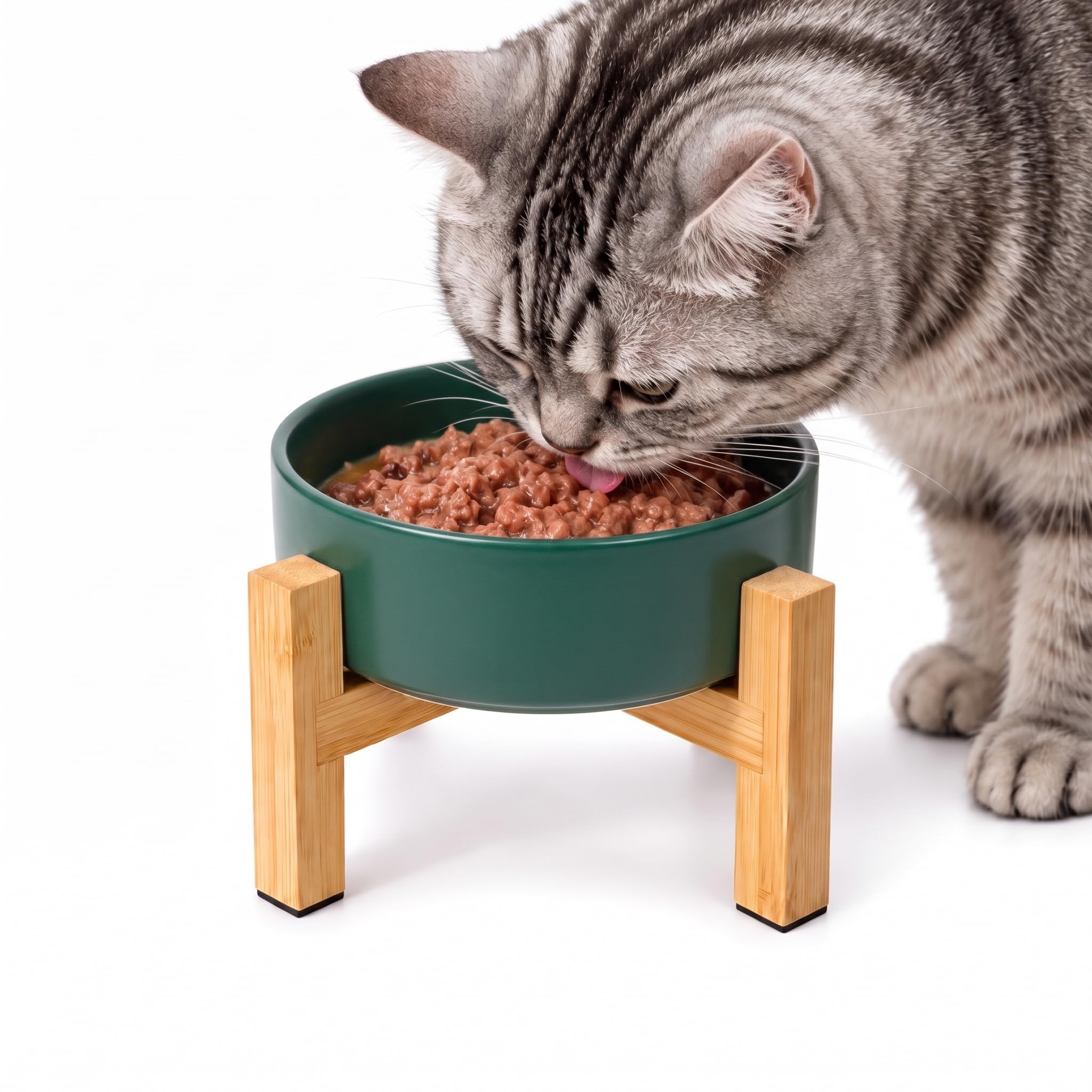 HCHLQLZ elevated cat bowl with ceramic bowl and bamboo stand shown from the front.