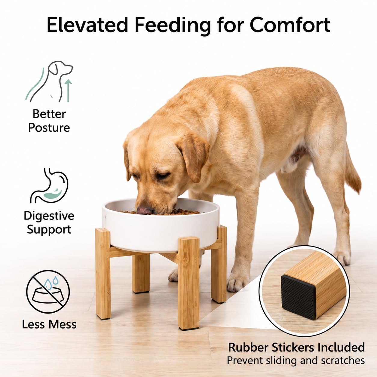 HCHLQLZ elevated ceramic dog bowl showing how the bamboo stand supports the dish.