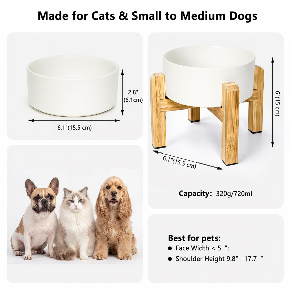 HCHLQLZ raised dog bowl shown with its bamboo stand supporting the ceramic dish.