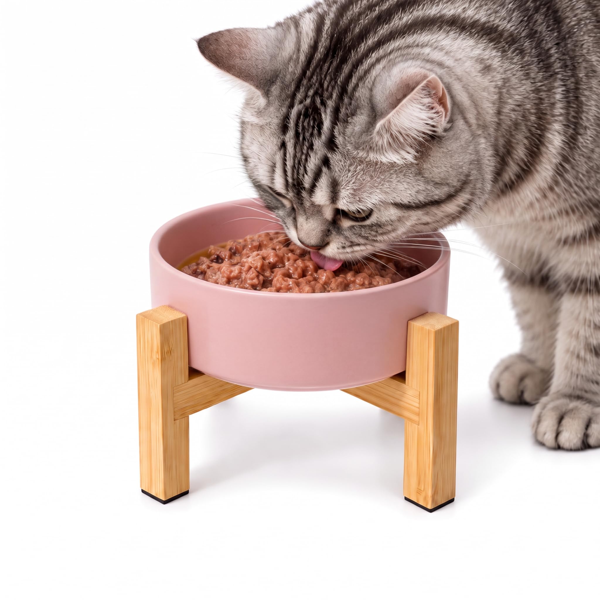 HCHLQLZ raised dog bowl shown from the front with its bamboo stand.