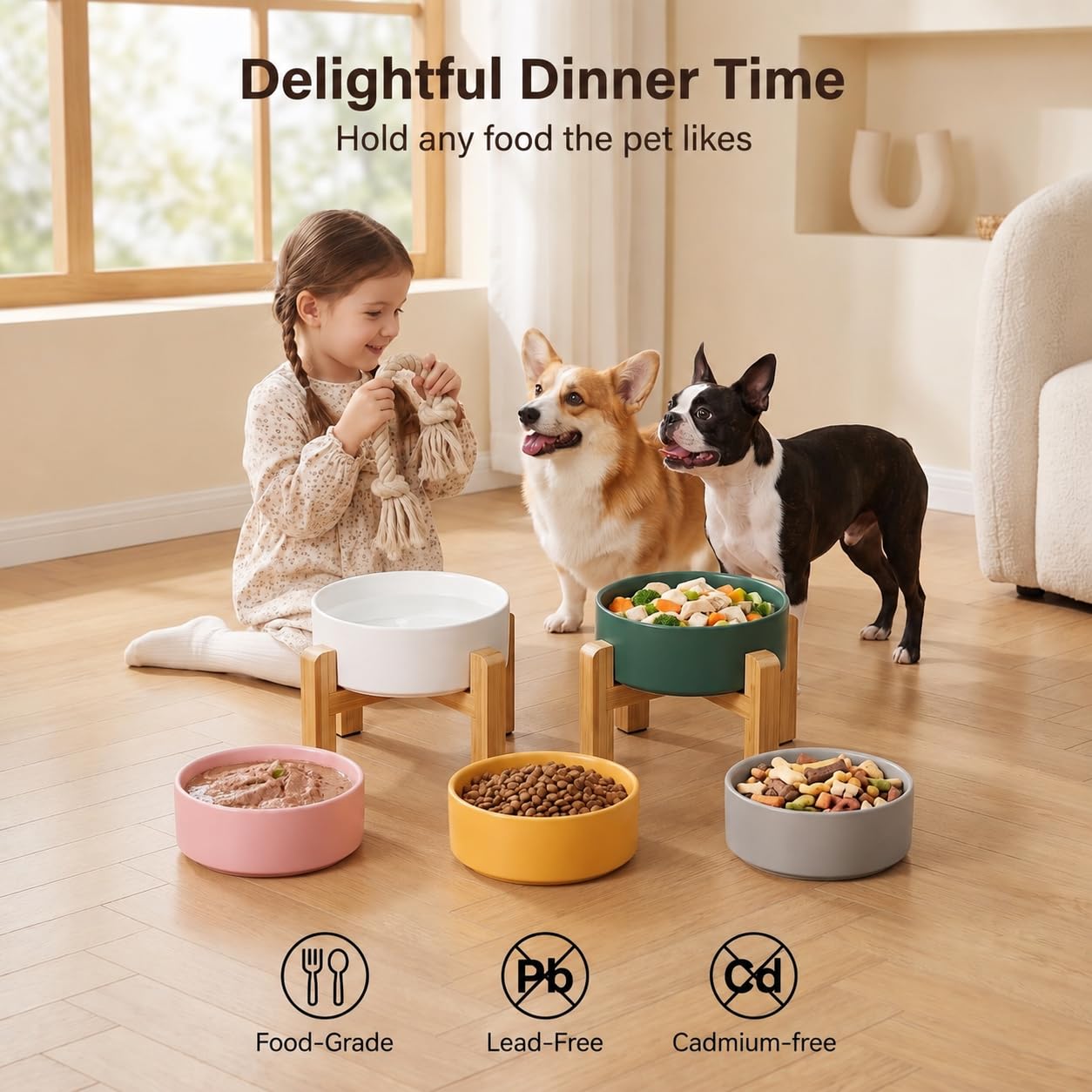 HCHLQLZ raised dog bowl set showing the two white ceramic bowls together.