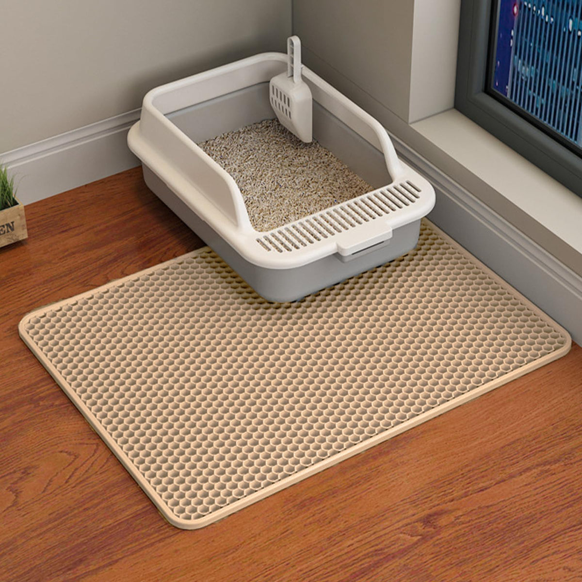 HCY&WLD Cat Litter Mat shown from the front in khaki.