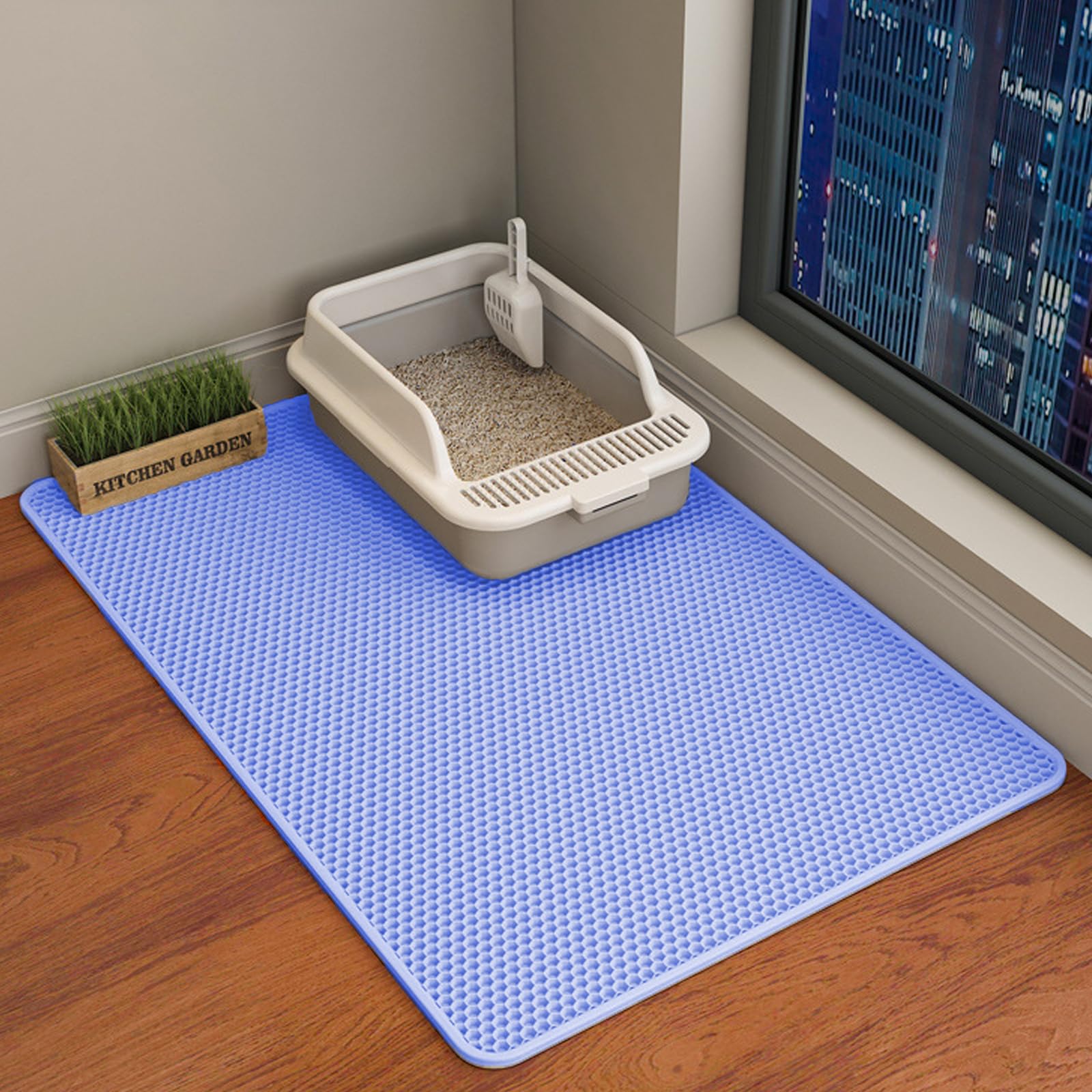 HCY&WLD Cat Litter Mat shown from the front in blue.