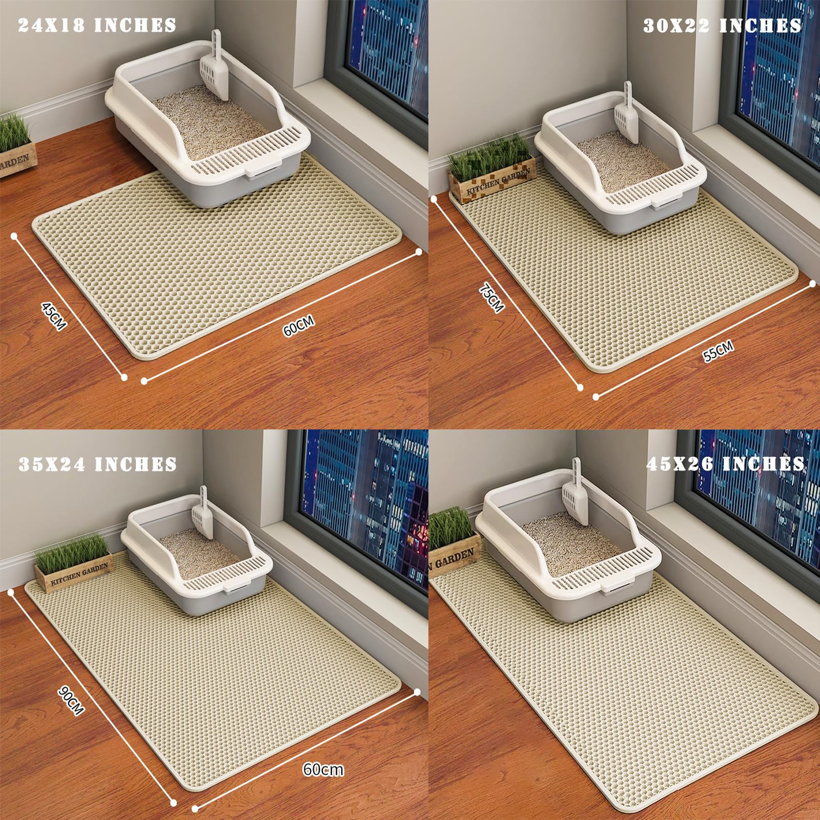 HCY&WLD Cat Litter Mat color options in beige, light gray, pink, blue, and brown.
