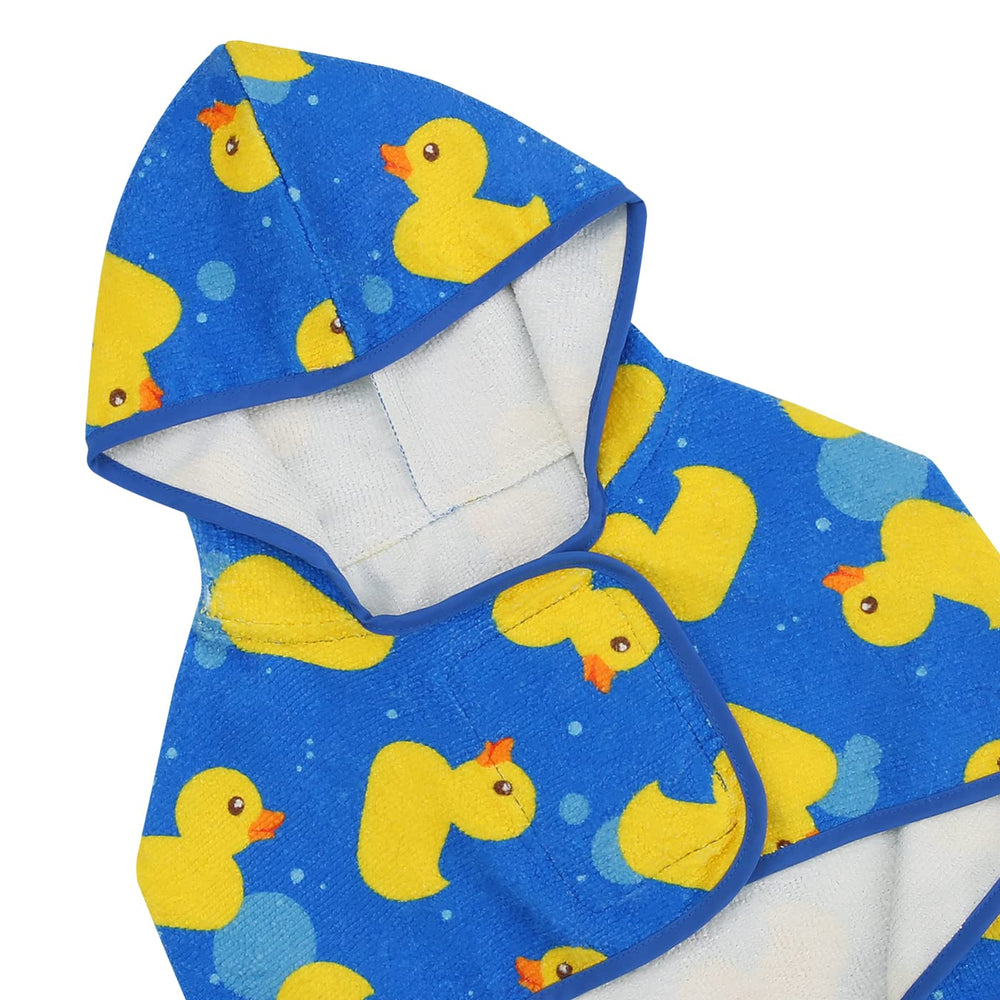 HDE dog bathrobe shown with its Blue Duck design.