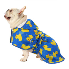 HDE dog bathrobe shown from the front in the Blue Duck design.