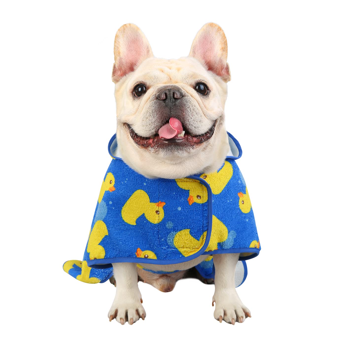 HDE dog bathrobe shown wrapped around a dog after getting wet.