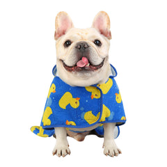 HDE dog bathrobe shown wrapped around a dog after getting wet.
