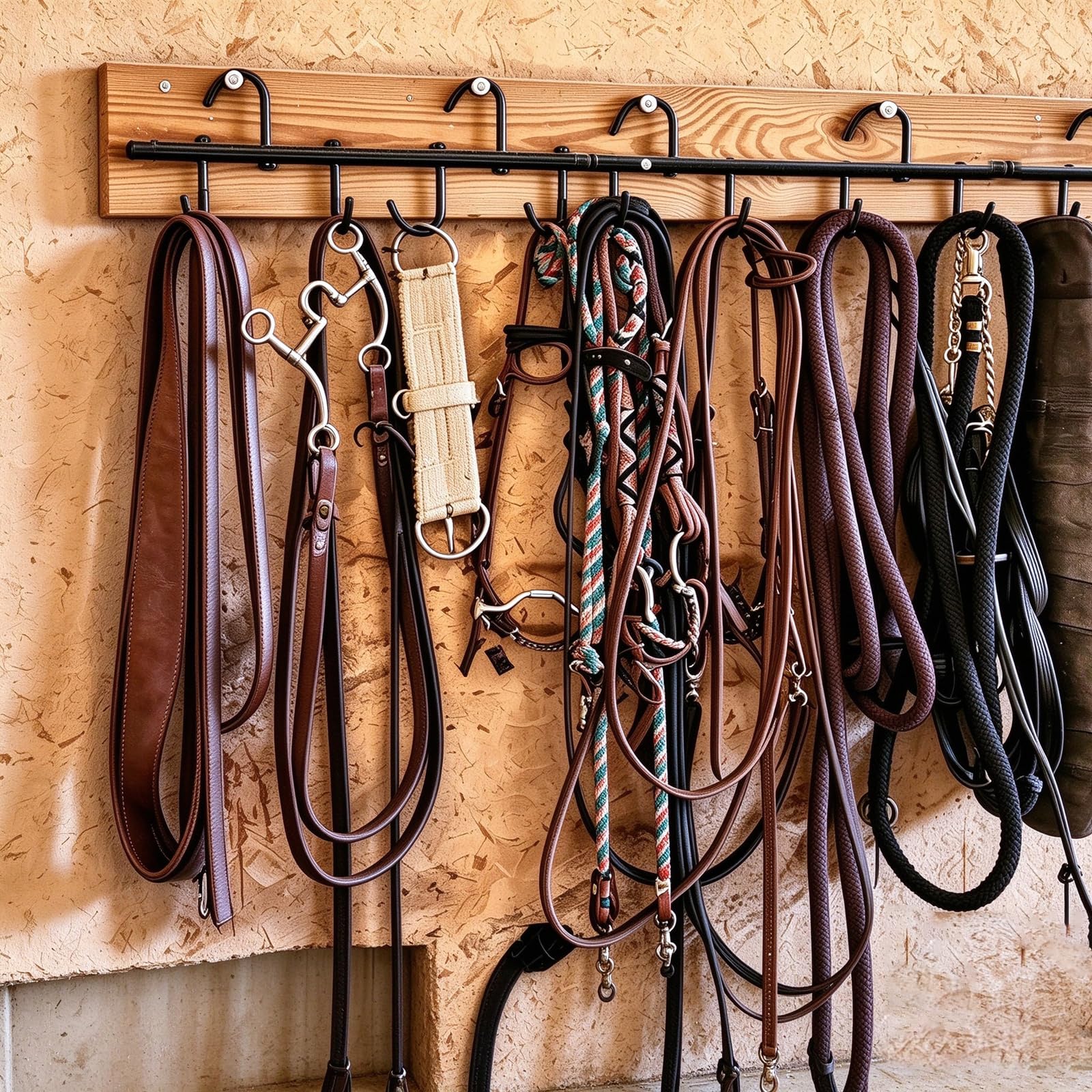 HDYEGY tack rack shown in use in a stable setting.