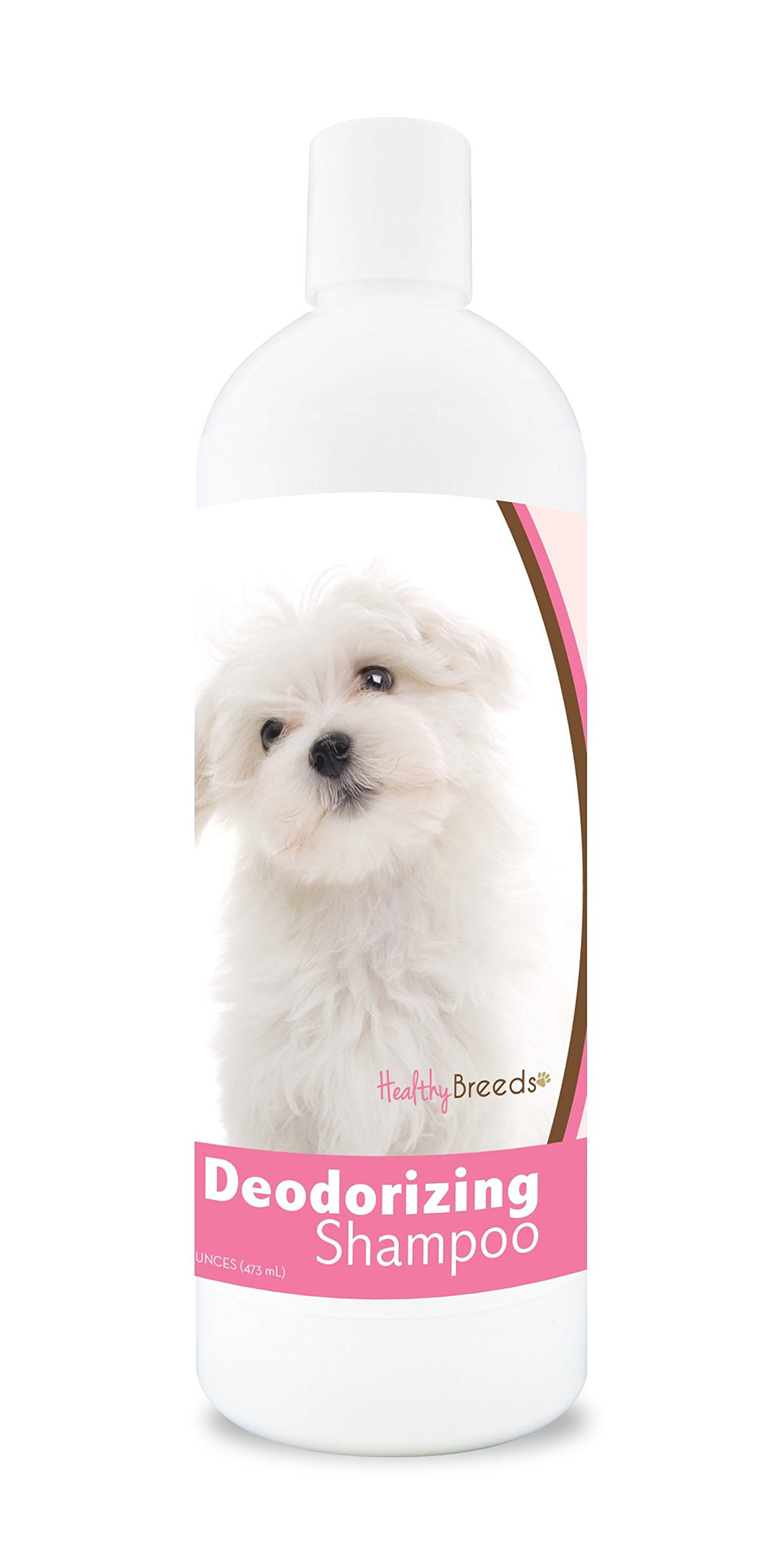 Healthy Breeds Maltese Deodorizing Shampoo shown from the front with its product label.