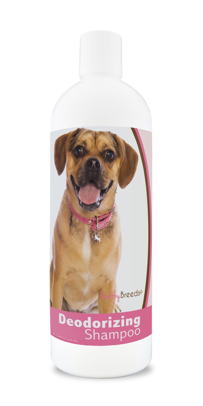 Healthy Breeds Puggle Deodorizing Shampoo bottle shown from the front.