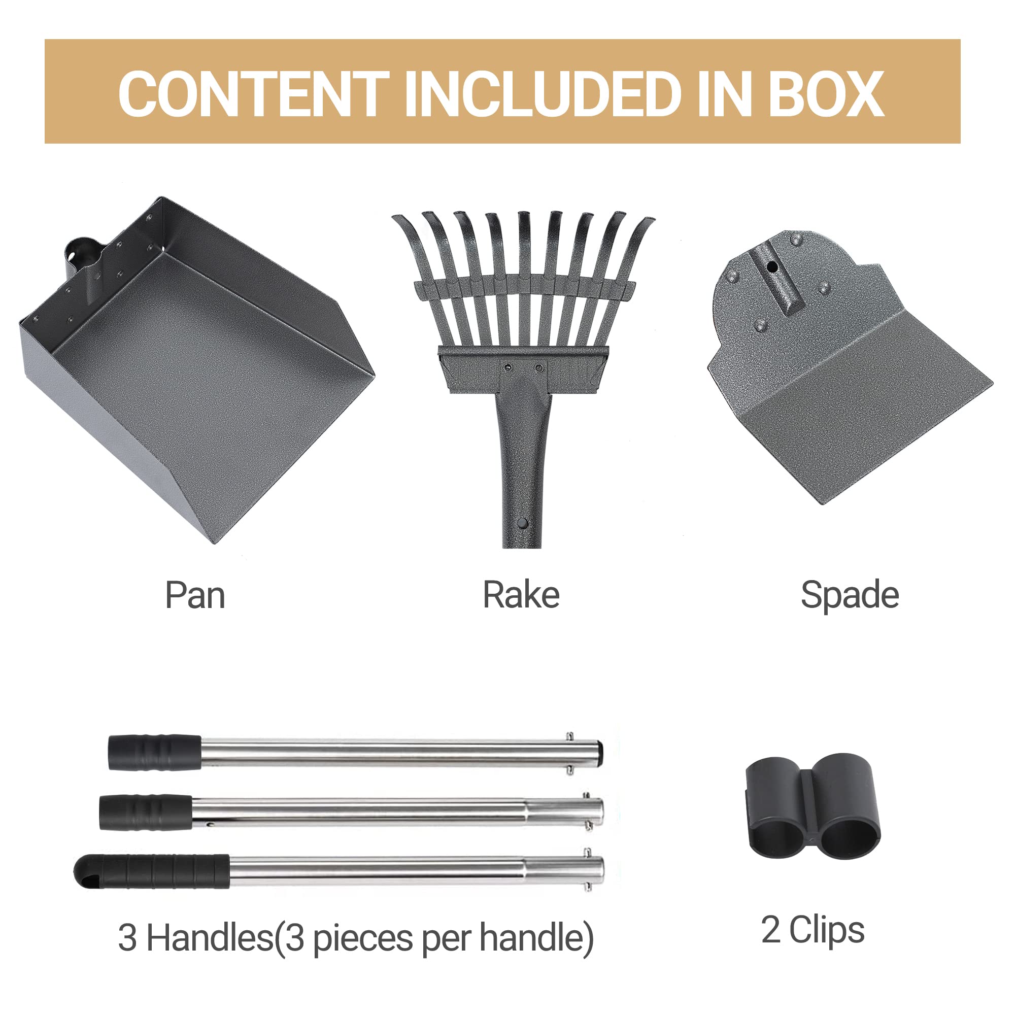 Heeyoo dog poop scooper handle shown with its detachable sections.
