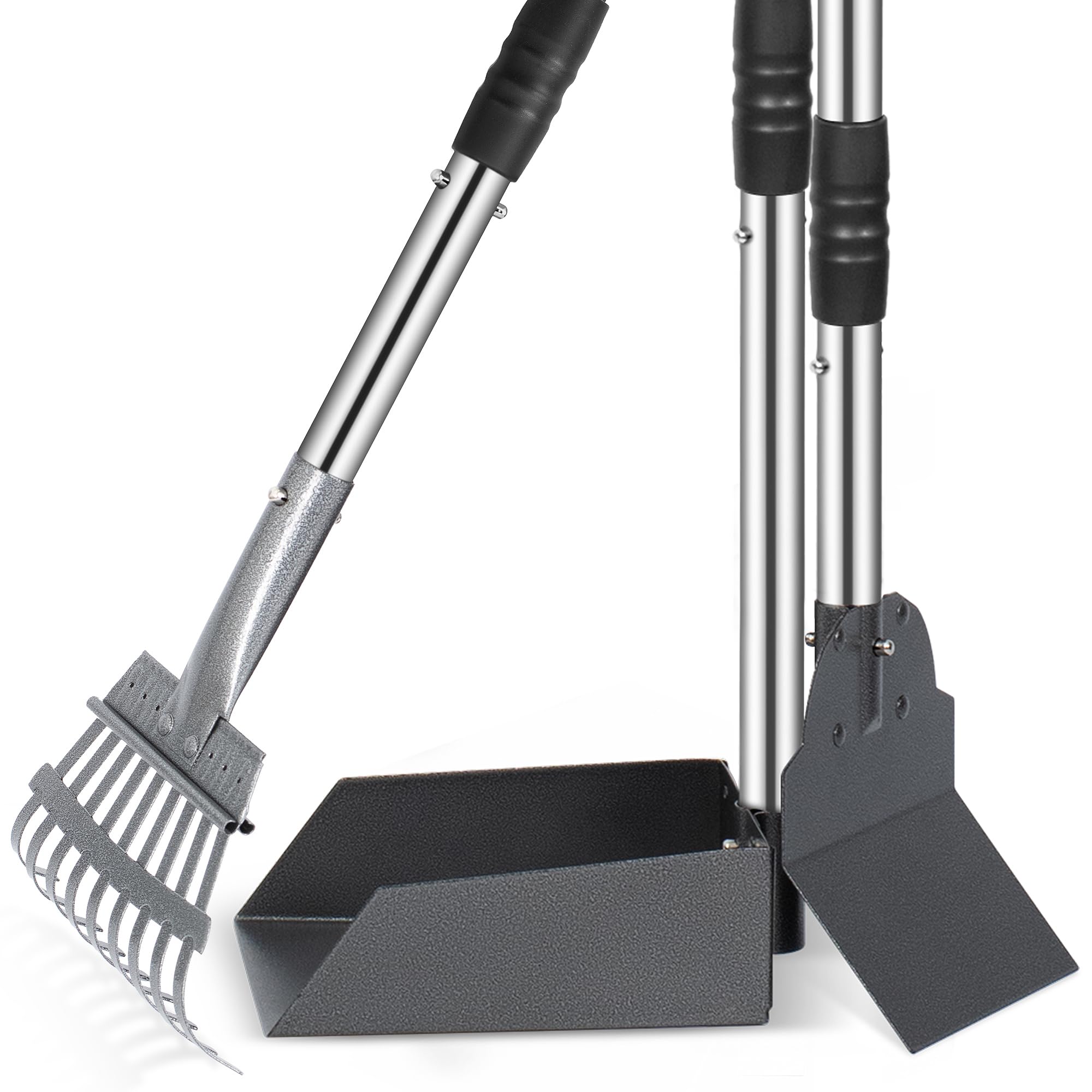 Heeyoo dog poop scooper set shown from the front with its tray, spade, rake and handle.